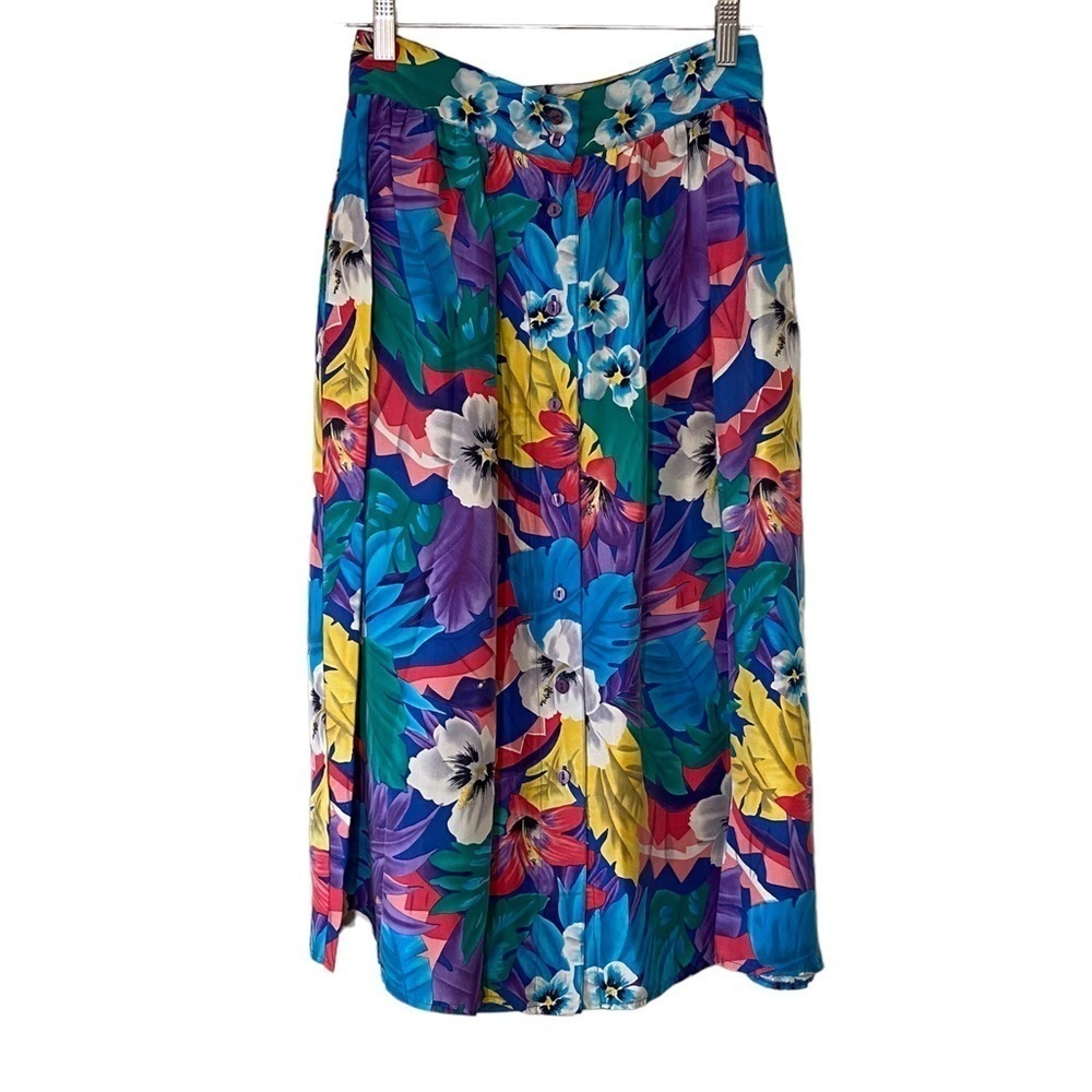 Vintage Silk Hawaiian Floral Button Down Skirt Sz Small